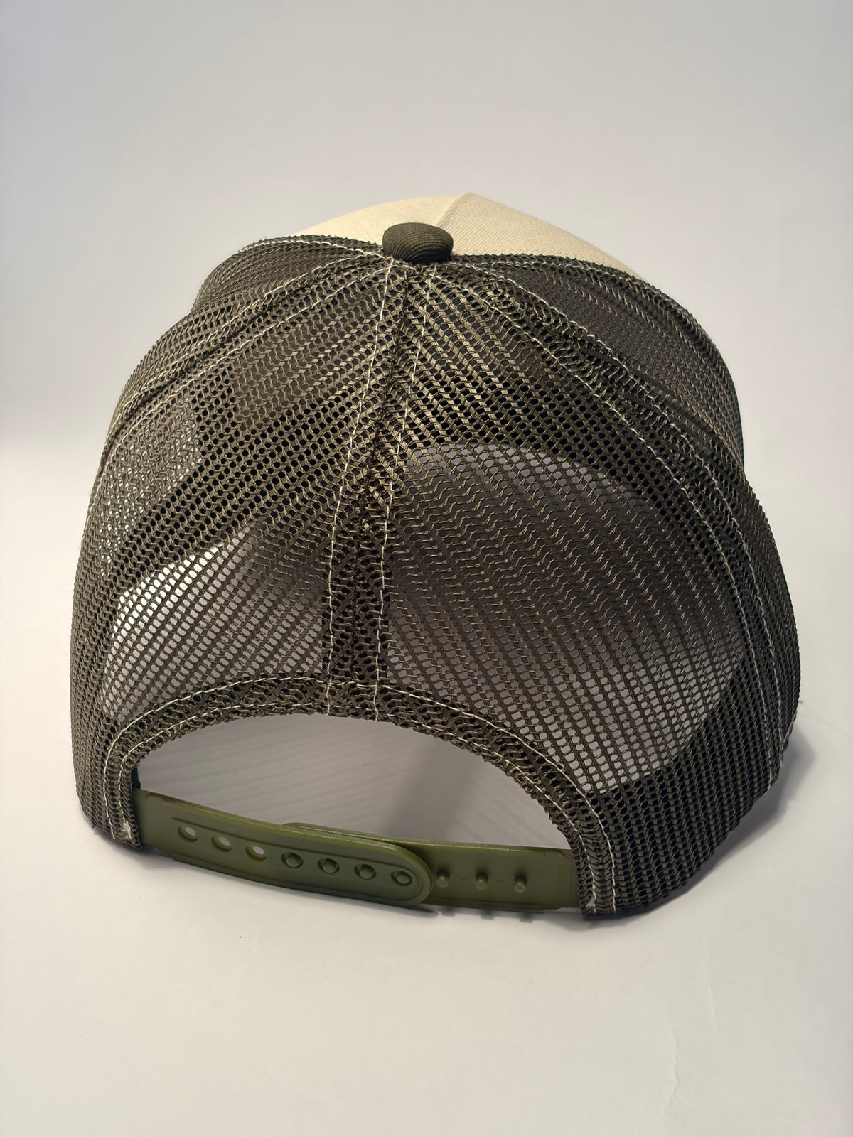 KLYNOIR Olive Green and Crème Ripped Trucker Cap