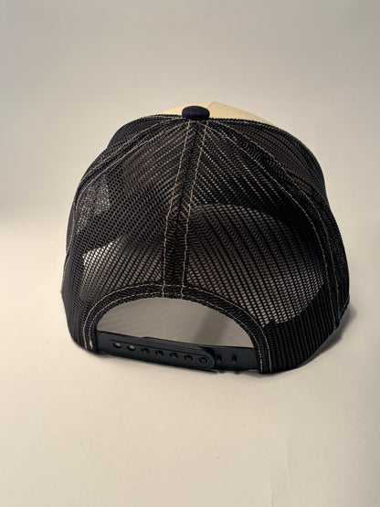 KLYNOIR Navy and Crème Ripped Cotton Trucker Cap