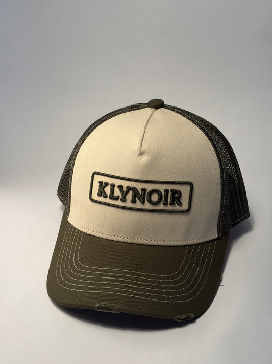 KLYNOIR Olive Green and Crème Ripped Cotton Trucker Cap