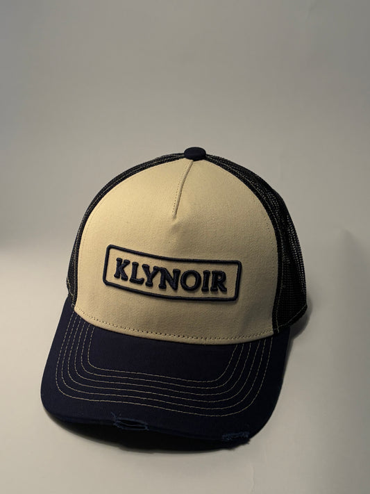 KLYNOIR Navy and Crème Ripped Cotton Trucker Cap